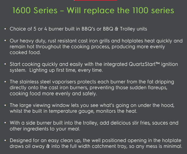 Beefeater 1600 Series Dark 4 Burner BBQ & Trolley w/ Side Burner, Cast Iron Burners & Grills