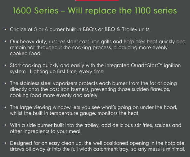 Beefeater 1600 Series Dark 5 Burner BBQ & Trolley w/ Side Burner, Cast Iron Burners & Grills
