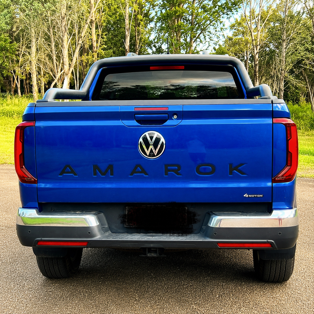 Black AMAROK tailgate infill lettering fitted to a blue Volkswagen Amarok
