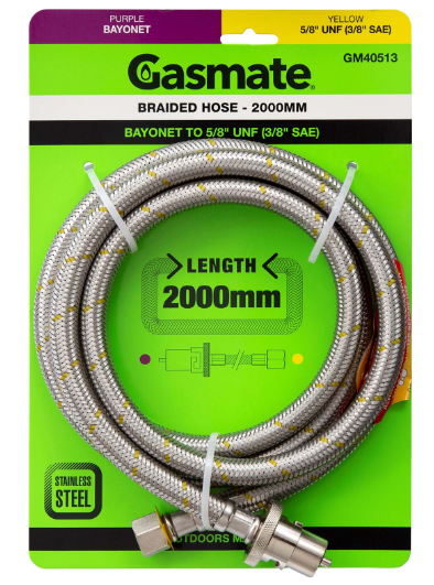 GASMATE BRAIDED HOSE - 2000MM - BAYONET TO 5/8" UNF (3/8" SAE)