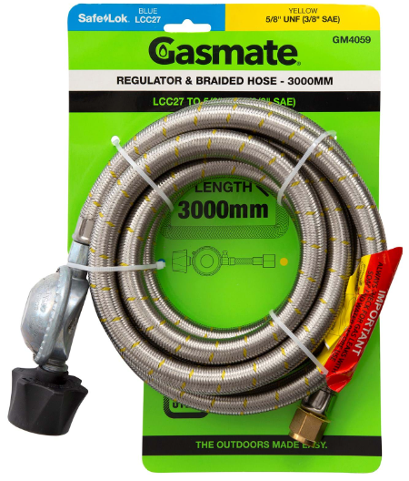 GASMATEE REGULATOR & BRAIDED HOSE - 3000MM - LCC27 TO 5/8" UNF (3/8" SAE)