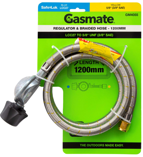 GASMATE REGULATOR & BRAIDED HOSE - 1200MM - LCC27 TO 5/8" UNF (3/8" SAE)