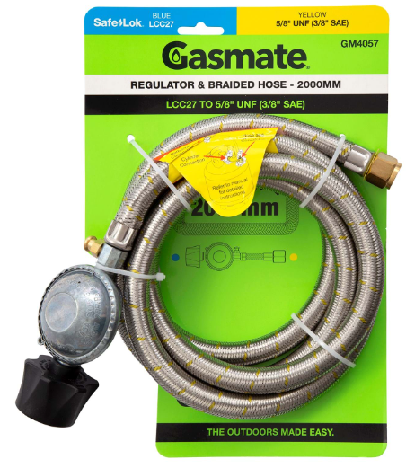 GASMATE REGULATOR & BRAIDED HOSE - 2000MM - LCC27 TO 5/8" UNF (3/8" SAE)