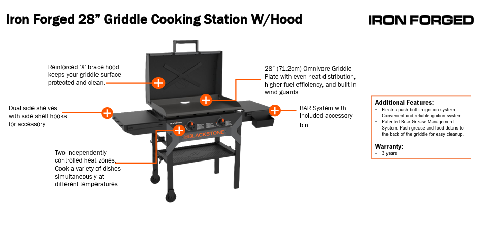 Blackstone Iron Forged 28 Griddle Cooking Station W/Hood